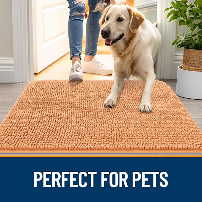 OLANLY Dog Door Mat for Muddy Paws 35x24, Absorbs Moisture and Dirt, Absorbent Non-Slip Washable Doormat, Quick Dry Chenille Mud Mat for Dogs, Entry Indoor Entryway Carpet for Inside Floor, Orange
