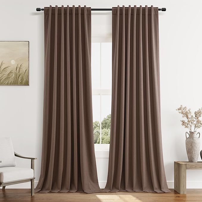 Guken 100% Blackout Curtains 96 Inch Length 2 Panels Set for Living Room Bedroom Back Tab Thermal Insulated Black Out Linen Drapes Room Darkening Cappuccino,52x96