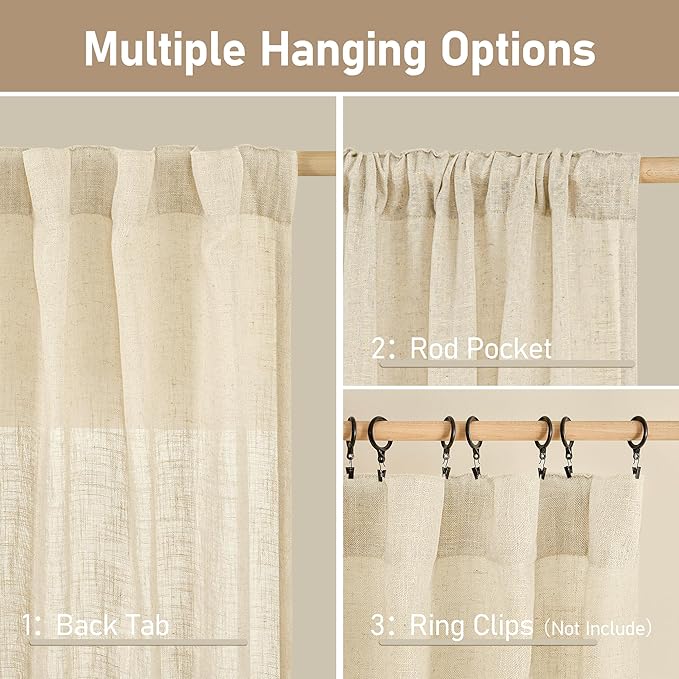 LAMIT Short Window Linen Curtains 48 Inch Length 2 Panels, Beige Light Filtering Panels Back Tab and Rod Pocket Neutral Drapes for Bathroom/Loft Room, 34 x 48 Inch