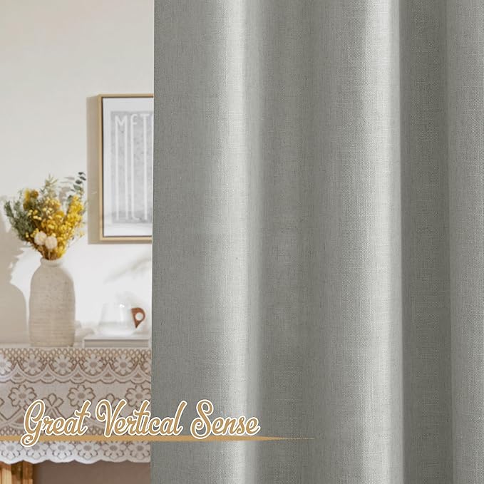 NICETOWN Linen Gray 108 inch Curtains for Living Room, Rod Pocket & Back Tab Flax Linen Burlap Semi Sheer Eclectic Window Treatments Privacy with Light Filtering for Living Room, W52 x L108