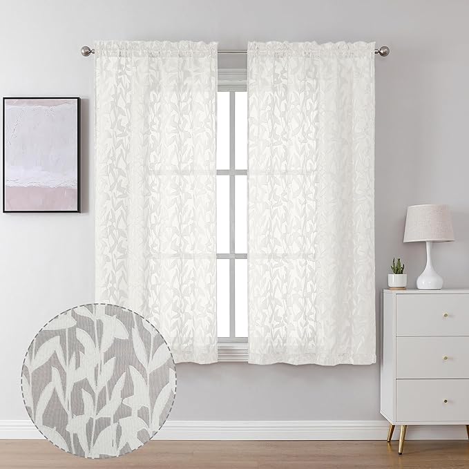 Lecloud Leia Clip Textured Leaf Ivory Sheer Curtain 63 Inch Length 2 Panels, Light Filtering Jacquard Voile Curtain with Dual Rod Pockets, Kitchen/Bedroom Window Drapes, 40 W x 63 L