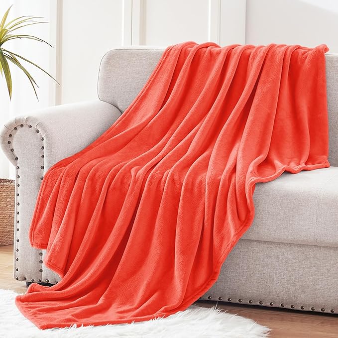 Exclusivo Mezcla Fleece Throw XL Blanket for Couch, Sofa, Super Soft and Warm Coral Orange Blankets, All Season, Cozy, Plush, Lightweight, 50x70 Inches