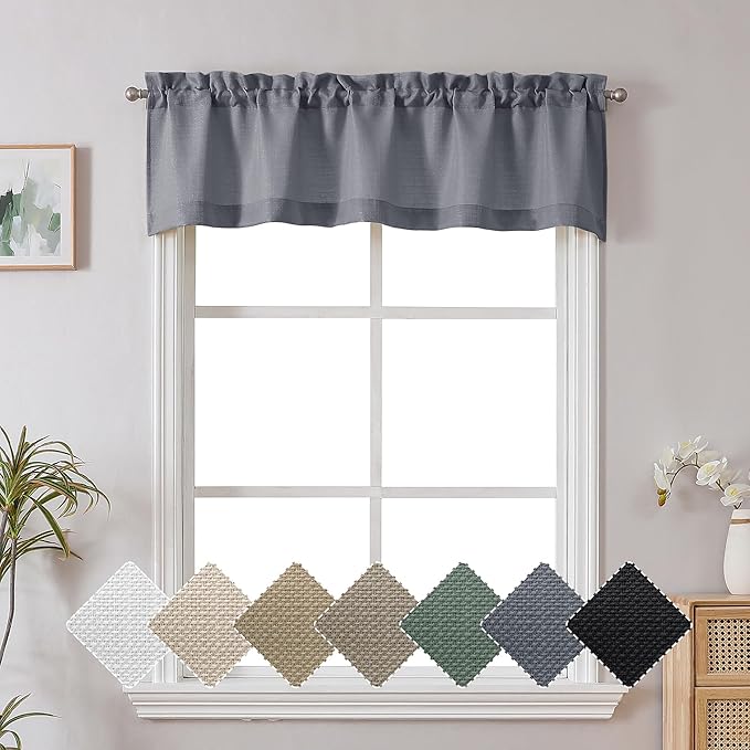Chyhomenyc Dark Grey Valance for Windows, Light Filtering Faux Linen Decorative Small Window Kitchen Curtain, Rod Pocket Short Cafe Valance for Bathroom Laundry Basement, 60Wx14L inch, 1 Piece