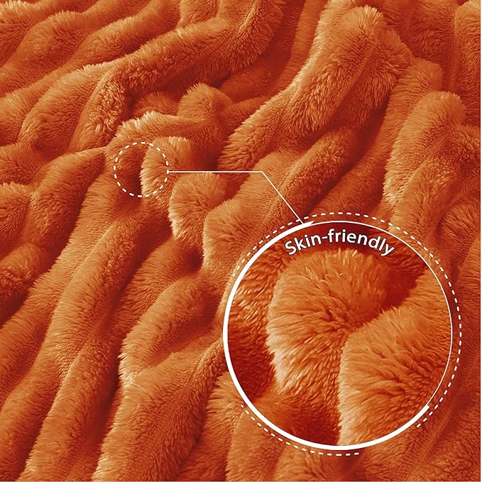 Exclusivo Mezcla King Size Flannel Fleece Blanket, Super Soft Striped Jacquard Bed Blanket, Lightweight Fuzzy Cozy for All Seasons, 90x104 Inches, Burnt Orange