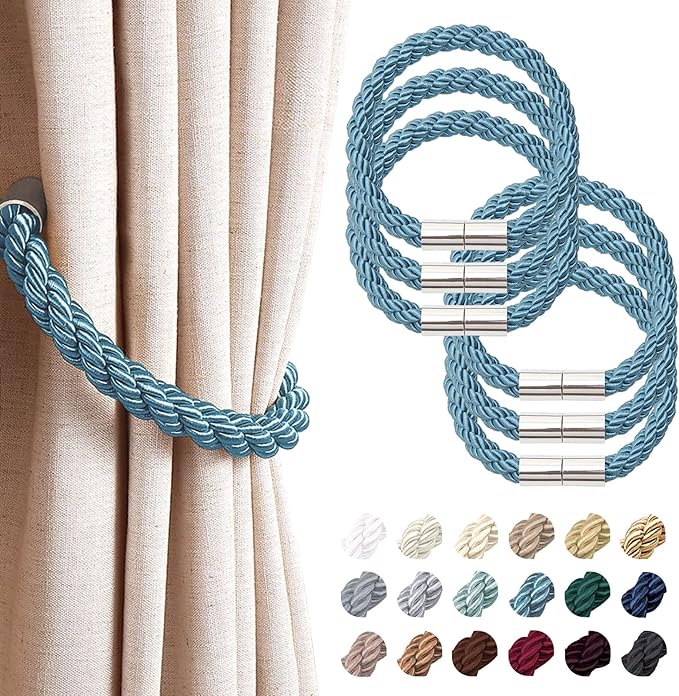 NICEEC 6 Pack Strong Magnetic Curtain Tiebacks Modern Simple Style Drape Tie Backs Convenient Decorative Weave Rope Curtain Holdbacks for Thin or Thick Home & Office Window Draperies (Teal)