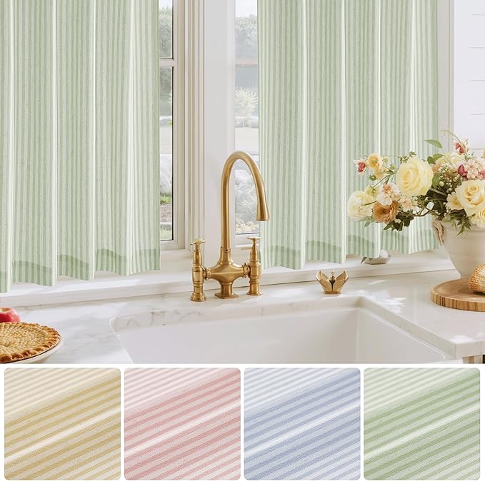 RYB HOME Sage Green Linen Kitchen Cafe Curtains 24 inch Length, Farmhouse Striped Tier Curtains for Living Room Bathroom Tickingstripe Short Window Rustic Pinstripe Valances, W26 x L24, 2 Panels