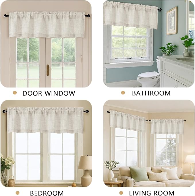 OVZME Natural Valance for Windows, Light Filtering Faux Linen Textured Small Kitchen Valances for Windows, Dual Rod Pocket Farmhouse Short Curtain for Bathroom Basement, 60Wx18L inch, 1 Piece