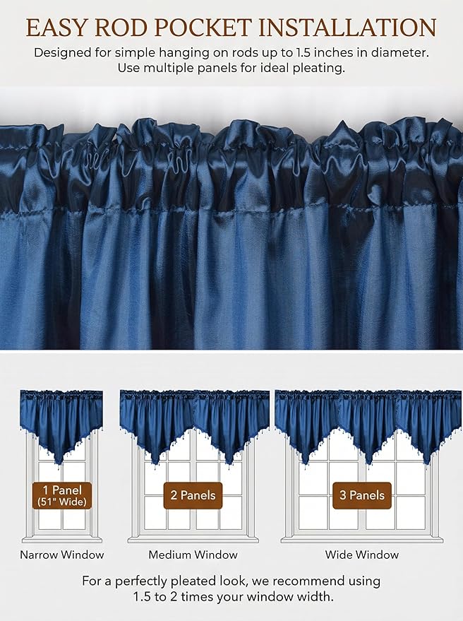 Molaxhome Swag Curtain 51 inch Length Rod Pocket Scalloped Curtain Valance Sheer Lace Panels with Hanging Crystal Beads for Kitchen Bedroom Window Treatments Drape Decor 1pc (Cloth Navy, 51Wx23L)