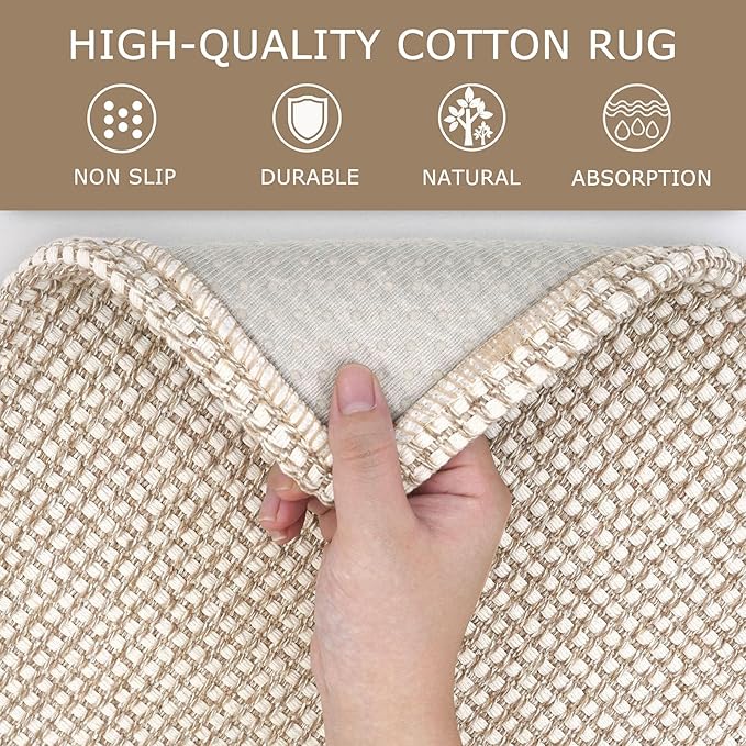 KOZYFLY Indoor Door Mat 2x3 ft Small Area Rugs Washable Front Door Mat Non Slip Rubber Backed Entryway Rug Cotton Entrance Doormat for Front Porch Bathroom Kitchen Bedroom, Ivory/Khaki