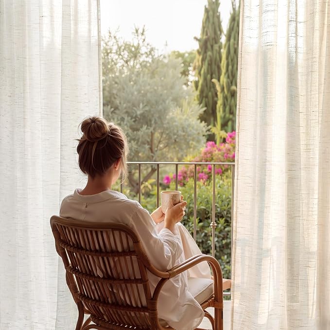 NICETOWN Semi Sheer Linen Curtains for Living Room, Grommet Light Filtering Airy & Elegant Window Treatments Privacy Drapes Natural Linen Blend for Bedroom, W52 x L95, 2 Panels