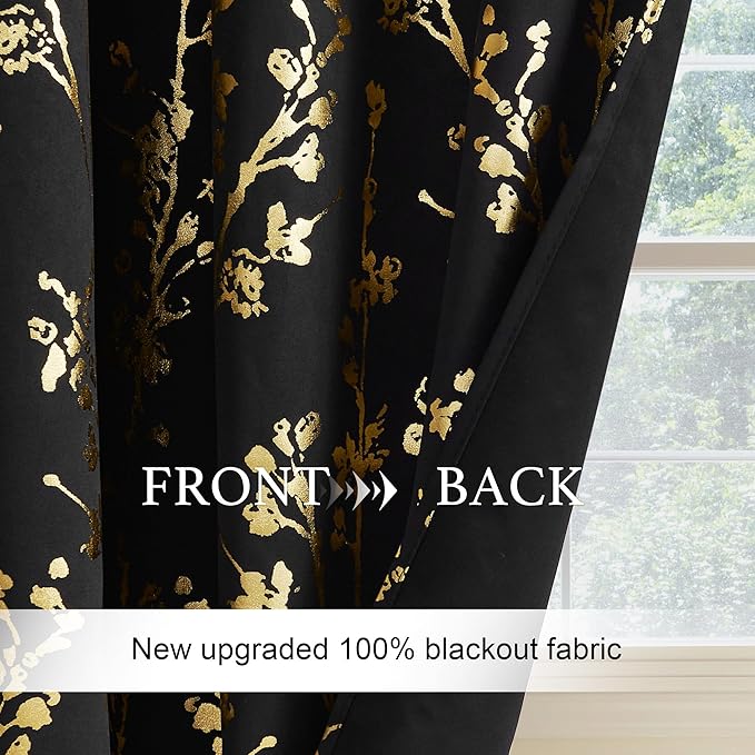 NICETOWN Blackout Kitchen Valances for Windows, Black Floral Scalloped Decor for Living Room Bathroom, Gold Foil Flower Shadow Printed Drapes 18 Inch Length with Rod Pocket, W42×L18, 1 Panel