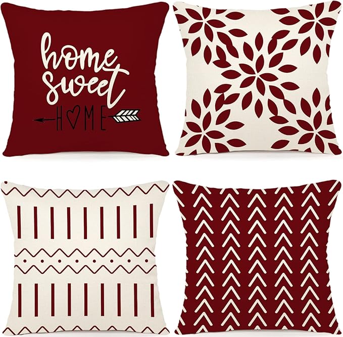 YCOLL Christmas Pillow Covers 16x16 Set of 4, Modern Sofa Throw Pillow Cover for Christmas Decor, Decorative Outdoor Linen Fabric Pillow Case for Couch Bed Car, Wine Red