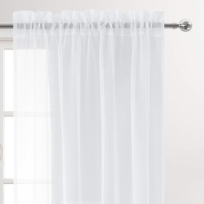 DWCN White Sheer Curtains Semi Transparent Voile Rod Pocket Curtains for Bedroom and Living Room, 52 x 45 inches Long, Set of 2 Panels