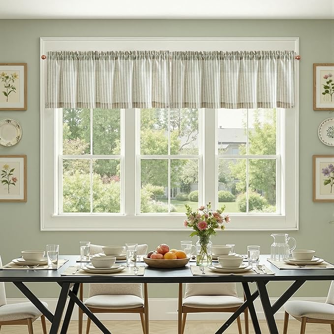 jinchan Valance Curtain Linen Textured Striped Window Curtain for Living Room Light Filtering Farmhouse Valance for Kitchen Rod Pocket 1 Panel 16 Inch Sage Green on Linen 1 Panel