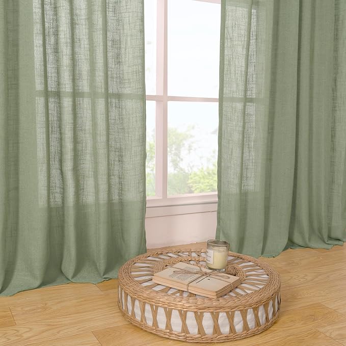LAMIT Sage Green Linen Curtains for Living Room 84 inch Length 2 Panels, Light Filtering Semi Sheer Panels Back Tab and Rod Pocket Boho Neutral Drapes for Bedroom/Farmhouse, 38 x 84 Inch