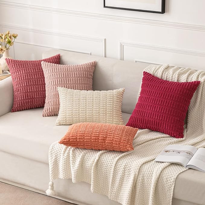 MIULEE Pack of 2 Corduroy Decorative Throw Pillow Covers 18x18 Inch Soft Boho Striped Pillow Covers Modern Farmhouse Home Decor for Sofa Living Room Couch Bed Cranberry Red