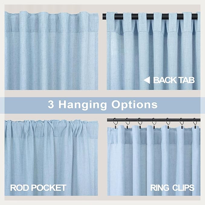 Blue Linen Curtains 108 inch Extra Long for Living Room 2 Panel Tab Pocket Light Filtering Semi Sheer Floor to Ceiling Drape Coastal Curtain for Patio Back Door High Extra Wide Window 52x108 Baby Blue