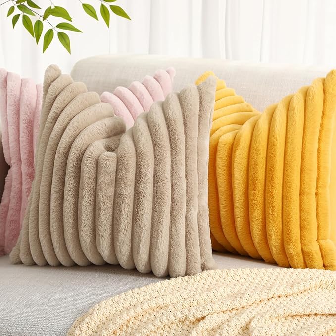 decorUhome Summer Cozy Faux Fur Throw Pillow Covers 26x26 Set of 2 Decorative Plush Striped Modern Farmhouse Boho Couch Euro Sham Pillow Cases with Velvet Back for Sofa Bed Living Room, Mustard Yellow