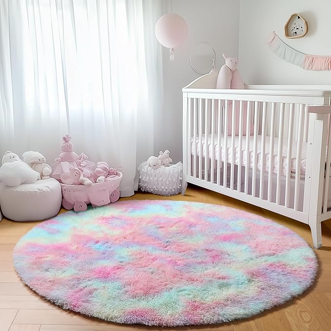 ONASAR Rainbow Round Rugs 6ft for Living Room Bedroom, Fluffy Circle Area Rug for Kids Girls Boys Teen, Soft Plush Shaggy Carpet for Nursery Dorm Classroom Playroom Home Decor Aesthetic