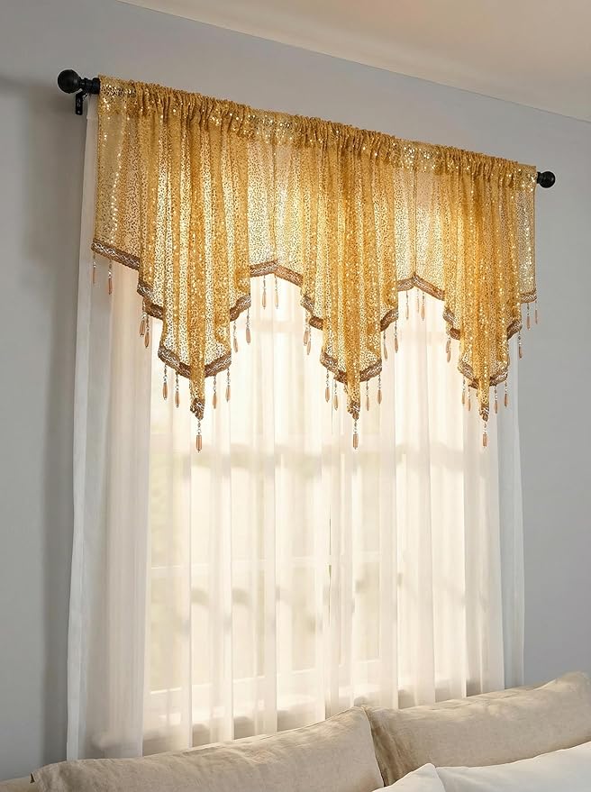 Molaxhome Swag Curtain 51 inch Length Rod Pocket Scalloped Curtain Valance Sheer Lace Panels with Hanging Crystal Beads for Kitchen Bedroom Window Treatments Drape Decor 1pc (Sequin Yellow, 51Wx23L)