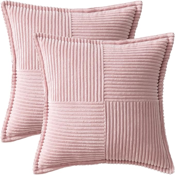 MIULEE Spring Decorative Throw Pillow Covers for Couch Bed Livingroom 18x18 Inch Set of 2 Pink Boho Accent Throw Pllows Broadside Striped Patchwork Soft Corduroy Pillowcases Valentine Decor