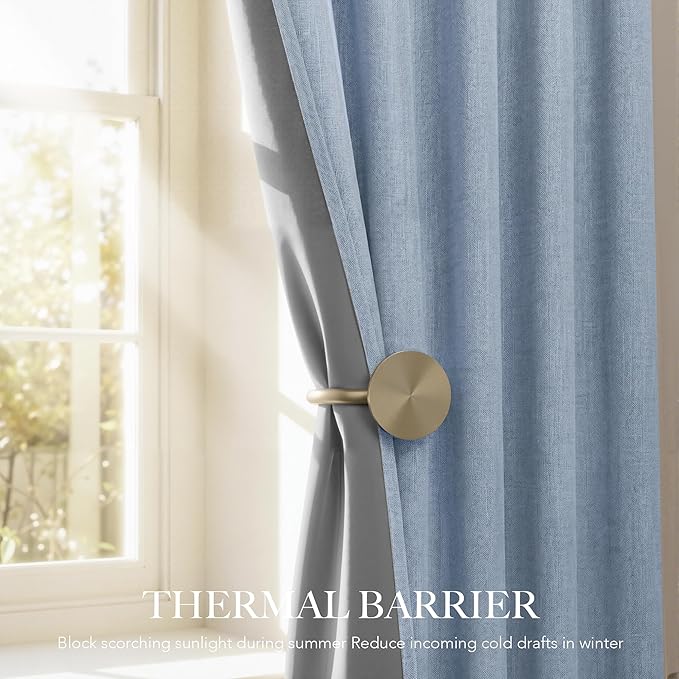 RYB HOME Smoky Blue 100% Blackout Curtains for Bedroom 102 inch Long 52 inch Wide, Linen Blackout Curtains Privacy Protection& Thermal Insulated for Sliding Door/Living Room, 2 Panels
