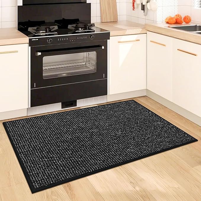 BEQHAUSE Kitchen Rugs and Mats 2PCS, Non-Slip Kitchen Mats for Floor, Absorbent and Stain Resistant Kitchen Runner, Machine Washable Rugs for Kitchen, Laundry & Sink, 24"x36"+24"x60", Black
