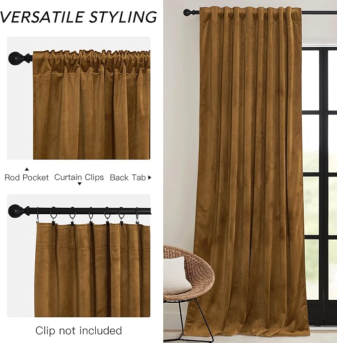 RYB HOME Gold Brown Velvet Curtains 63 inches with Hook Belt, Soft Fabric Room Darkening Thermal Insulated Luxurious Home Decor Curtains for Living Room Bedroom, W 42" x L 63", 2 Panels Set