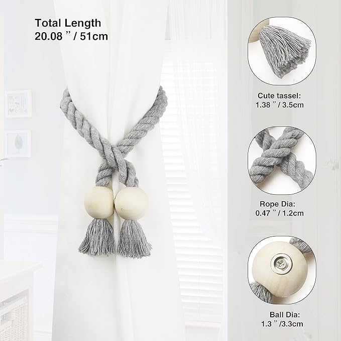 6 Pack Magnetic Curtain Tiebacks Cotton Hand Woven Tie Back Decorative Rope Holdbacks for Curtains Draperies No Tools Required, Light Grey
