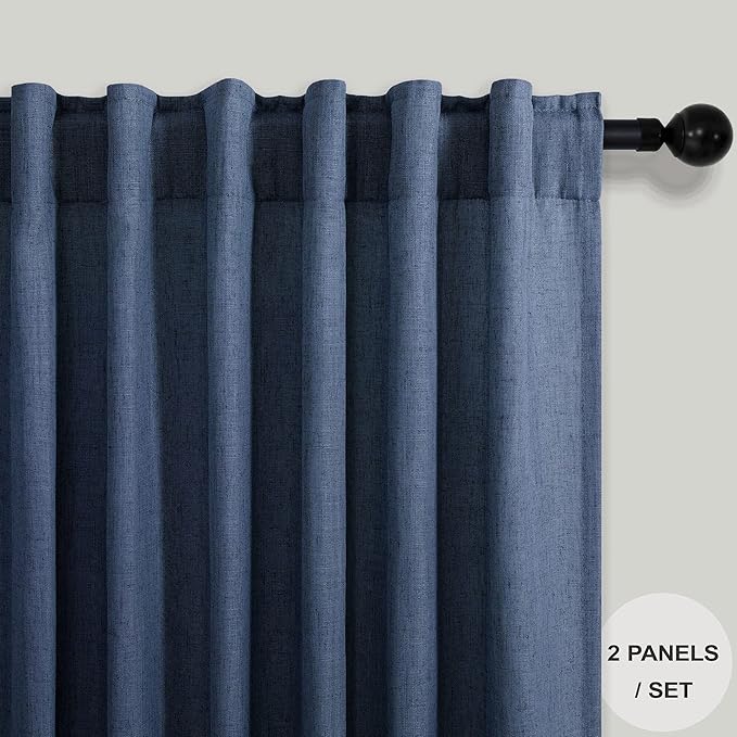 Pitalk Navy Extra Long Curtains 120 Length for Living Room 2 Panels Back Tab Loop Pocket Light Filtering Soft Linen Semi Privacy Sheer Dark Blue Curtains for Dining Room Patio Door Large Windows 10FT