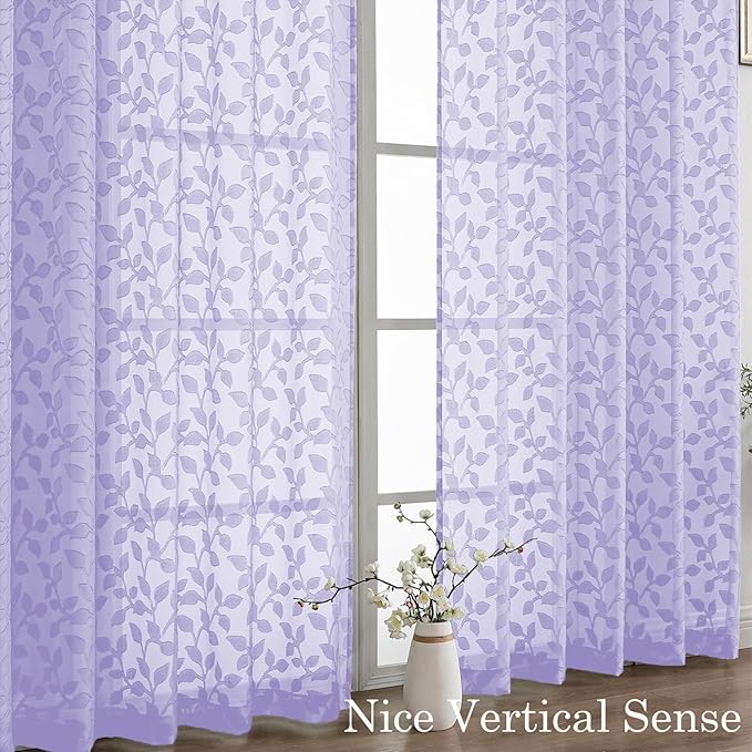 Chyhomenyc Light Purple Sheer Curtains 30 Inch Length, Light Filtering Leaf Tufted Textured Small Kitchen Curtain Over Sink, Short Half Window Curtains for Bathroom Basement, 30" Wx30 L, 2 Panels