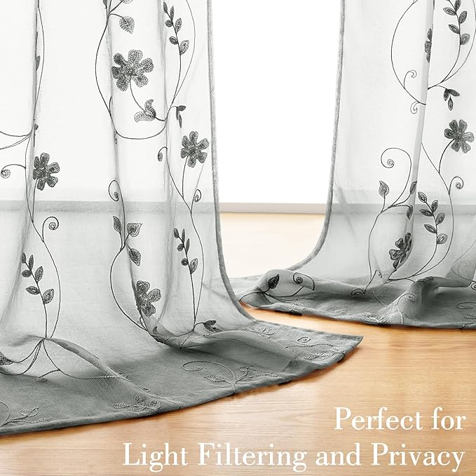 HOMEIDEAS Grey Sheer Curtains 96 Inches Long 2 Panels Embroidered Floral Pattern Semi Sheer Window Curtains for Bedroom Living Room