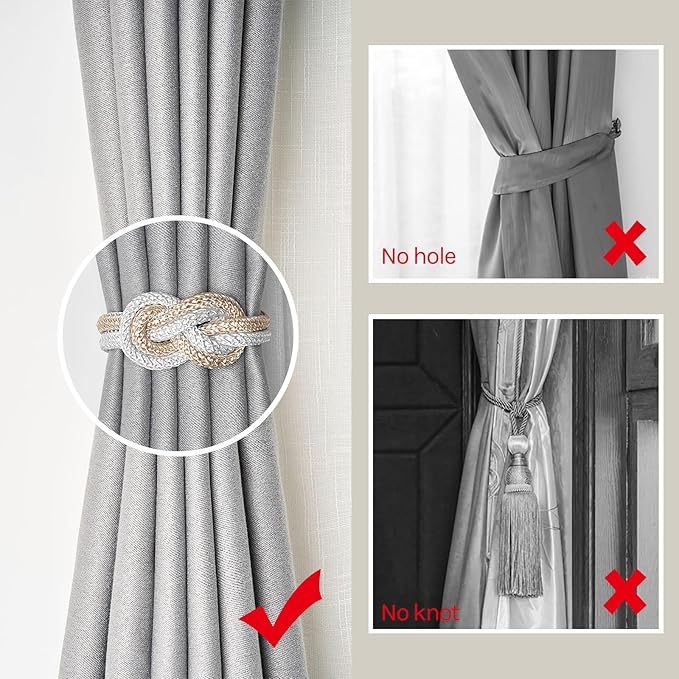NICEEC 4 Pack Mini Magnetic Curtain Tiebacks Nordic Simple Style Drape Tie Backs Elegant Hand Weave Rope Knot Decorative Curtain Holdbacks for Home & Office Thin Window Drapery (Beige & White)
