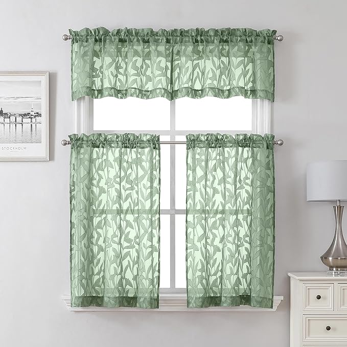 Lecloud Leia Sage Green Sheer Kitchen Curtains 24 Inch Length 2 Pcs, Jacquard Leaf Textured Voile Short Curtains with Dual Rod Pocket, Farmhouse Bedroom Living Room Tiers, Each Panel 28" W x 24" L