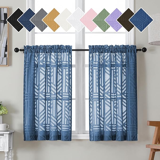 Simplebrand Dusty Blue Sheer Kitchen Curtains 36 Inch Length Tier Curtains 2 Panels, Light Filtering Geometric Jacquard Clip Textured Semi Sheer Curtains Short Window Curtains for Bathroom, 42x36 inch