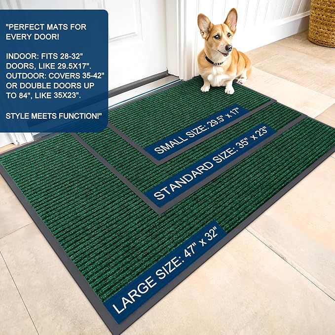 OLANLY Front Door Mat Indoor Outdoor Entrance, Waterproof Heavy Duty Doormat, Fade Resistant, Low Profile, Easy Clean Patio Porch Welcome Floor Mats for Entry, 59x30, Green