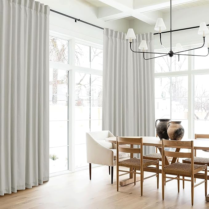 RYB HOME Grey Linen Sheer Curtains & Drapes, Back Tab 95 inches Easy Sliding Farmhouse Boho Rustic Decoration for Dining Room Nursery, W 52 x L95 inches, 2 Panels Set