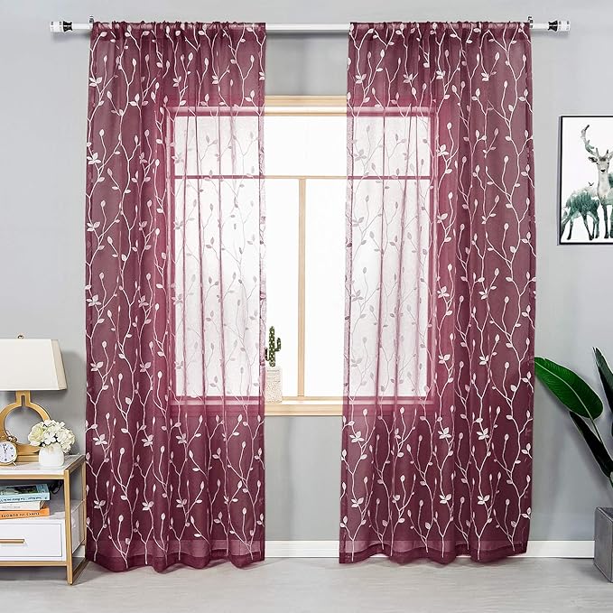 AmHoo 2 Panels Embroidered Leaf Pattern Semi Sheer Curtains Foliage Floral Voile Window Draperies Treatment for Bedroom Living Room Rod Pocket Burgundy Red 53 x 95 Inch