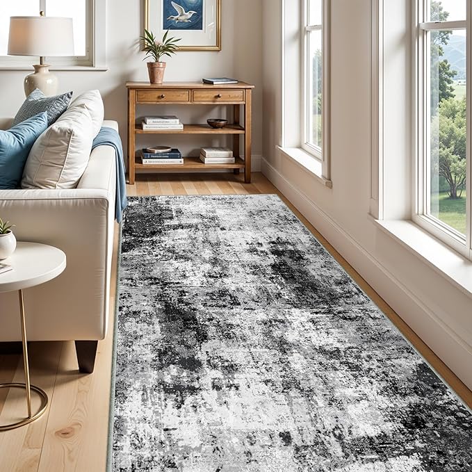 4x10 Wide Washable Runner Rug: Easy-to-Clean Runners for Hallway Entryway Kitchen Bedroom Living Room - Stain and Water Resistant Rugs with Non-Slip Backing - Soft Low-Pile Carpet Black Grey