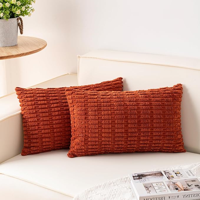 Pack of 2 Corduroy Decorative Throw Pillow Covers 12x24 Inch Soft Striped Pillow Covers Modern Farmhouse Home Decor for Sofa Living Room Couch Bed（Rust）