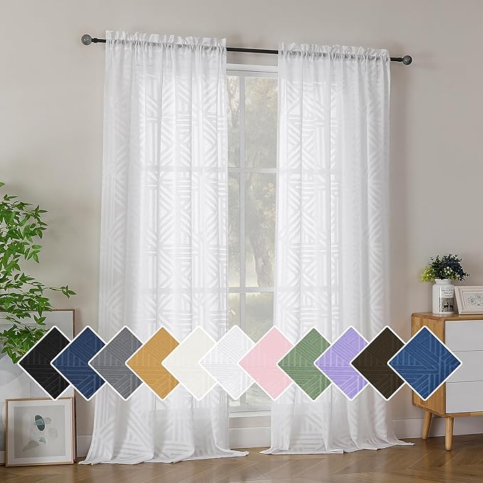 Simplebrand Semi Sheer White Curtains 96 Inches Long 2 Panels, Light Filtering Geometric Jacquard Clip Textured Sheer Curtains for Living Roon，Modern Elegant Window Curtains Drapes，42x96 inch
