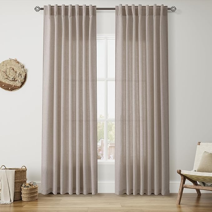 Nanspring Ecru Linen Curtains 84 Inches Long for Living Room Light Filtering Semi Sheer Curtain Back Tab and Rod Pocket Rustic Decor Burlap Elegant Soft Luxury Boho Drapes for Bedroom 52x84, 2 Panels