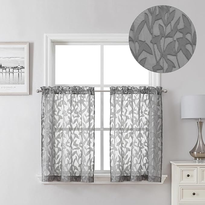Lecloud Leia Charcoal Grey Sheer Curtains 2 Pieces, 30 Inch Short Curtains, Breathable Jacquard Texture Kitchen Windows Curtains, Small Farmhouse Leaves Voile Drapes Dual Rod Pocket, 38 W x 30 L