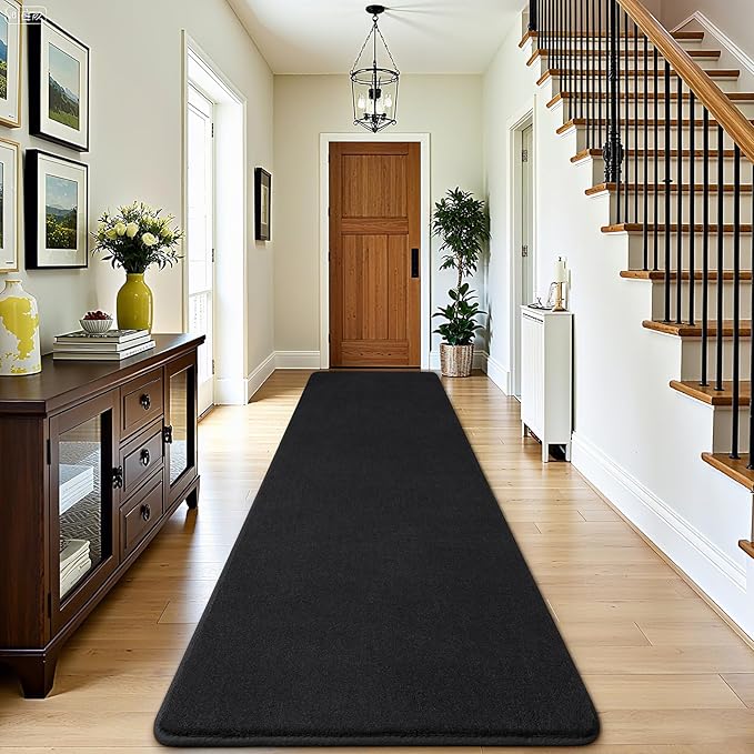Amearea Modern Soft Hallway Runner Rug, 3x10 Feet Washable Long Runner Rugs for Hallway, Black Fluffy Bedroom Bedside Rugs, Non Slip Memory Foam Rug Carpet for Entrance Kitchen Living Room Home Decor