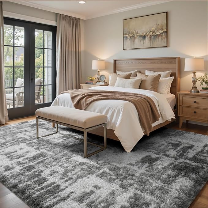 8x10 Ft Extra Large Shag Rugs for Living Room, Tie Dyed Ultra Soft Fluffy Furry Area Rugs for Bedroom Indoor Floor, Aesthetic Carpet for Kids Home Decor (Grey)