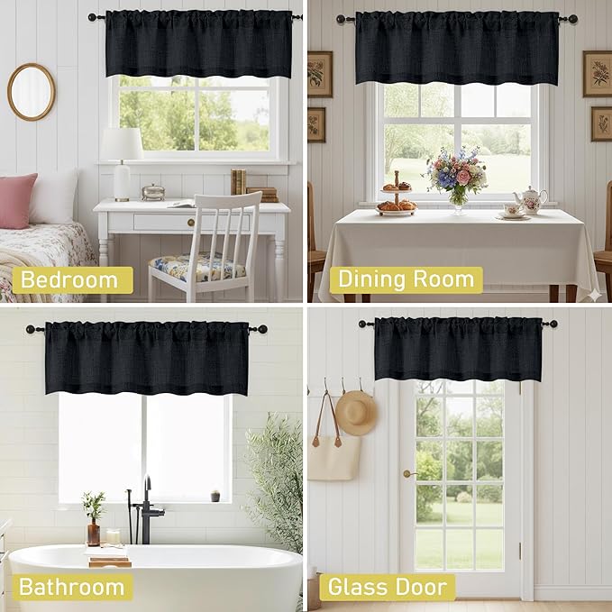 Black Valances for Windows, Light Filtering Faux Linen Textured Small Short Valance Curtains for Bathroom Basement Farmhouse, Rod Pocket Top Half Curtains for Windows, 60Wx24L Inch