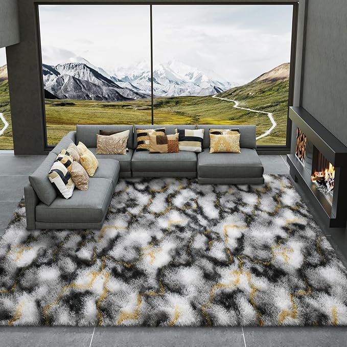 LOCHAS Ultra Soft Indoor Modern Area Rugs Fluffy Living Room Carpets for Children Bedroom Home Decor Nursery Rug 5x8 Feet, Grey-Gold