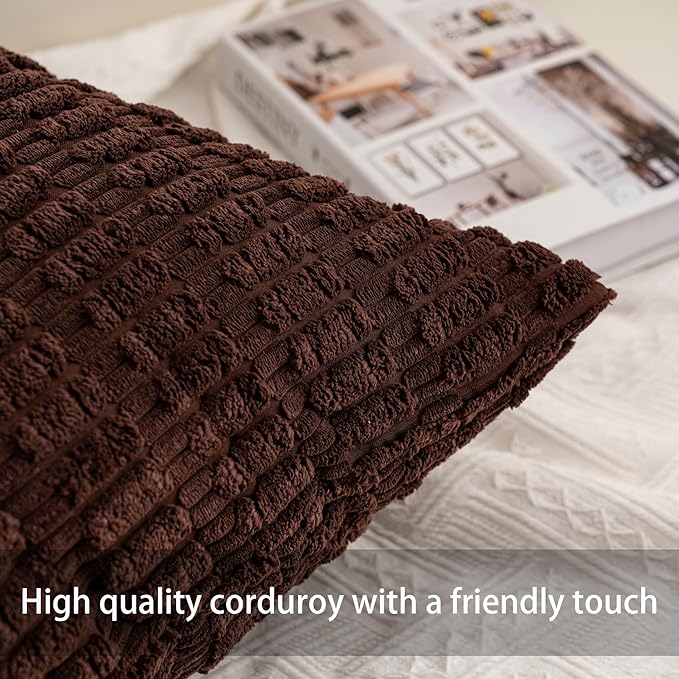 Pack of 2 Corduroy Decorative Throw Pillow Covers 20x20 InchSoft Boho Striped Pillow Covers Modern Farmhouse Home Decor for Sofa Living Room Couch Bed（Dark Brown）