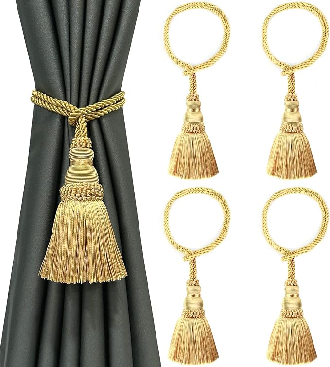 Fenghuangwu 4 Pack Curtain Tie Backs Rope Tassels for Curtains Drape tiebacks Handmade Outdoor Home and Outdoor Decorative (Gold, 4p)