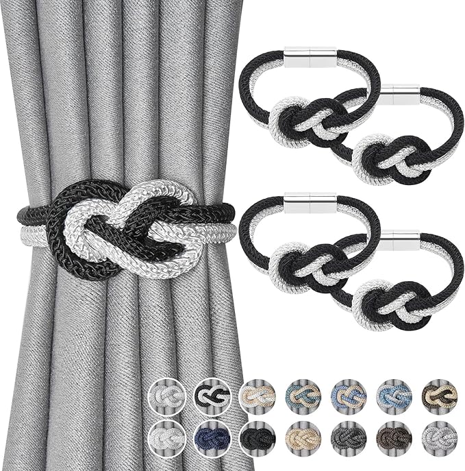 NICEEC 4 Pack Mini Magnetic Curtain Tiebacks Nordic Simple Style Drape Tie Backs Elegant Hand Weave Rope Knot Decorative Curtain Holdbacks for Home & Office Thin Window Drapery (Black & White)